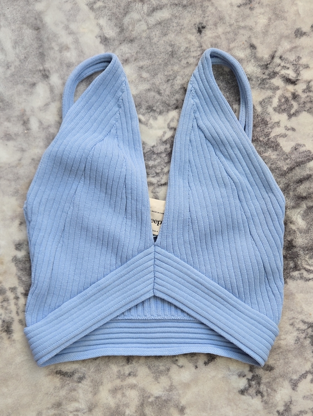 Finders Keepers Light Blue Ribbed V-Neck Cropped Tank